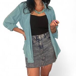 Vintage Teal Blue Sutton Studios 100% Silk Button Up Blouse